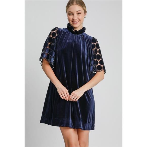 Umgee Dotted Lace Half Sleeve Mock Neck Back Tie Velvet Dress - NWT - Picture 1 of 3